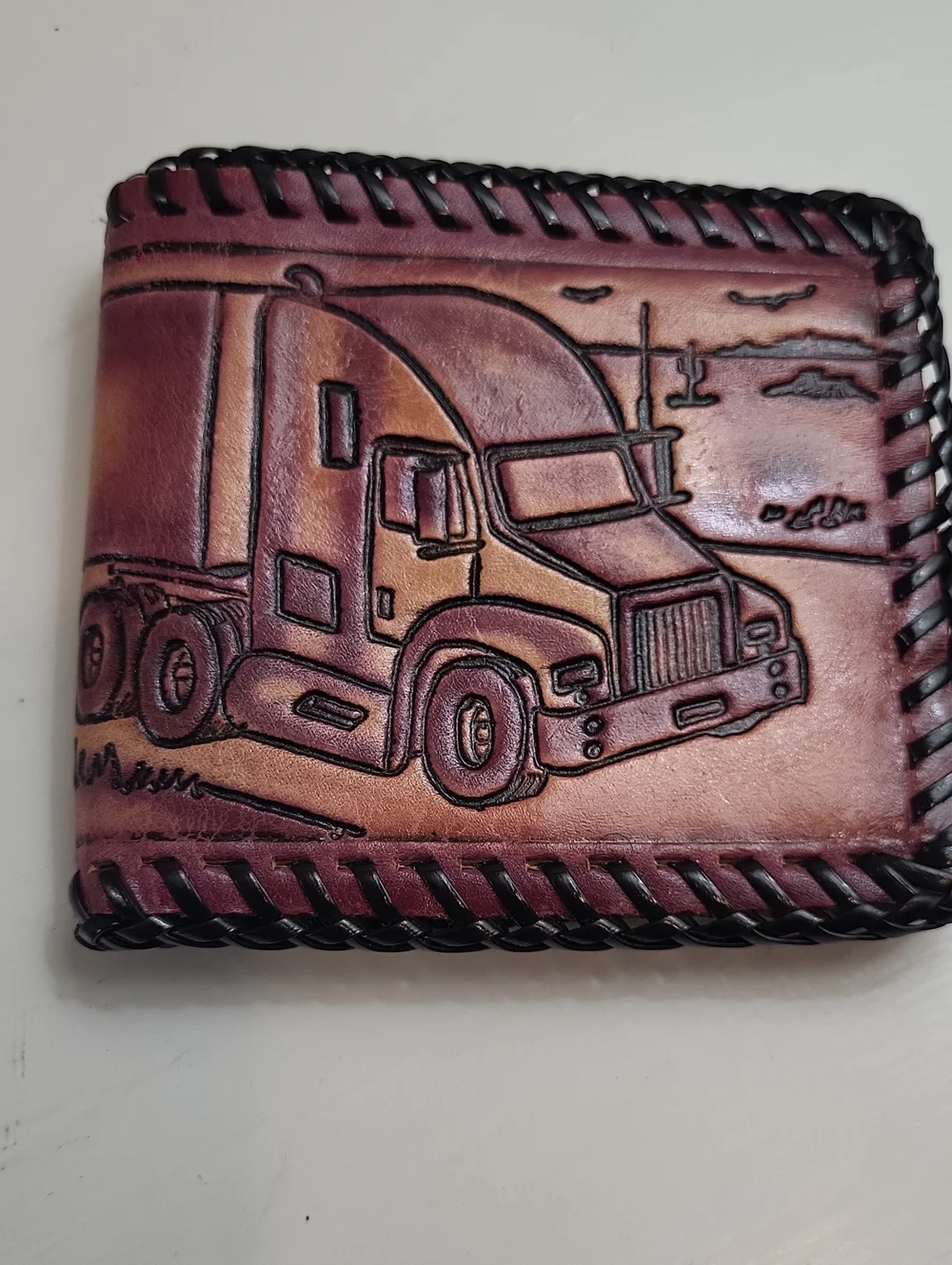 Hand-Tooled Trucker Leather Money Clip Wallet - Brown/Maroon